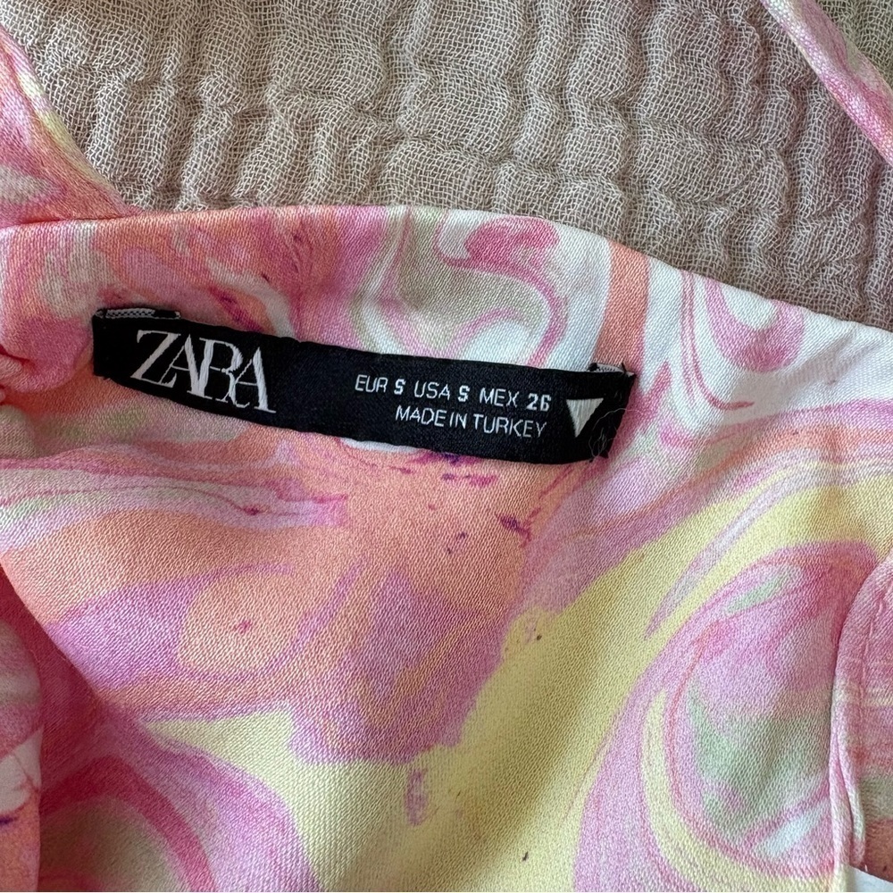 Zara Satin Marbled Keyhole Top Pink Yellow Watercolor Tie Back Halter size S - Picture 9 of 10